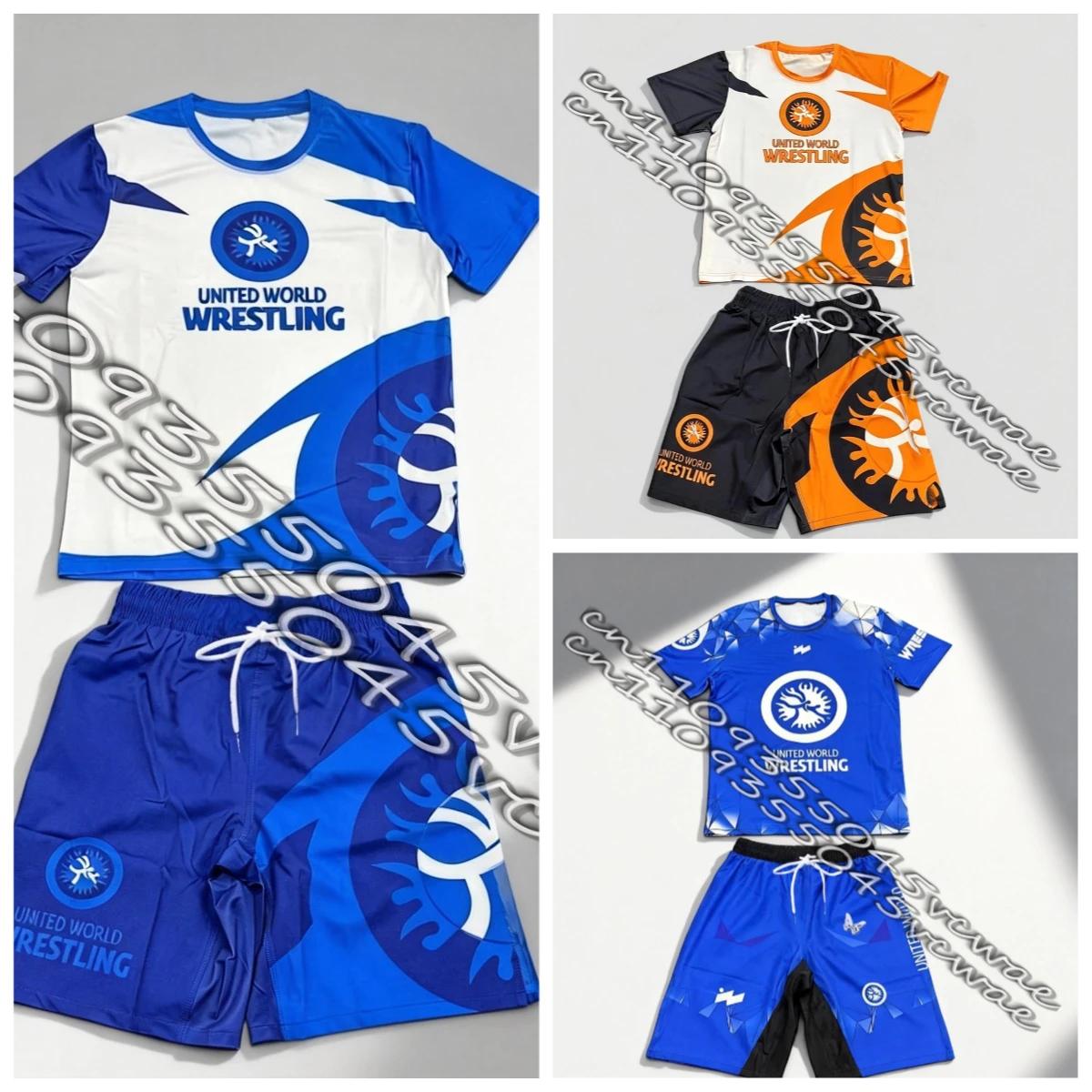Nouvel ensemble sportif de lutte mondiale United World Wrestling pour hommes, rashguard et short gra