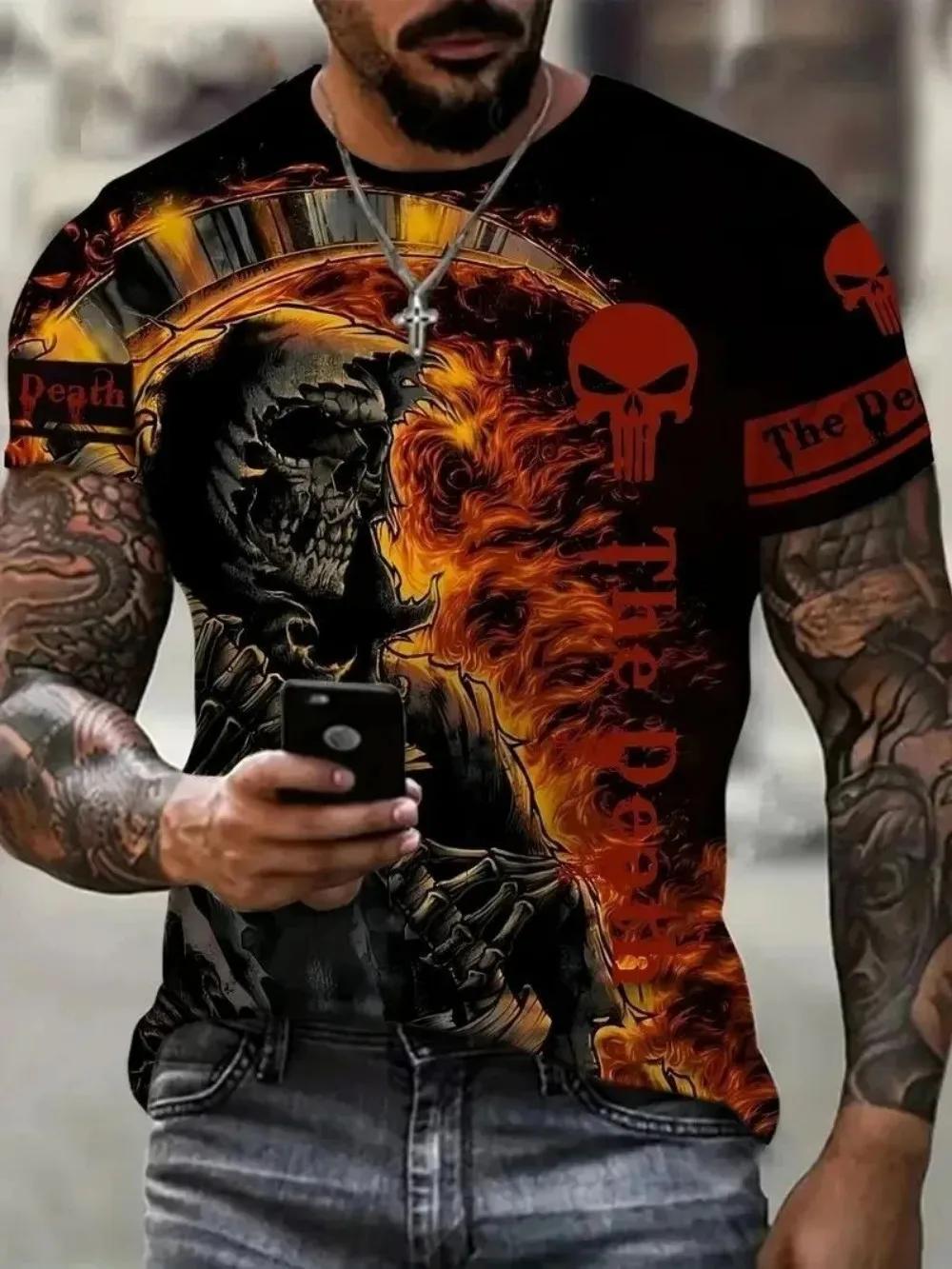 Horreur mort été hommes respirant col rond T-shirt crâne imprimé Halloween rue Hip Hop décontracté h