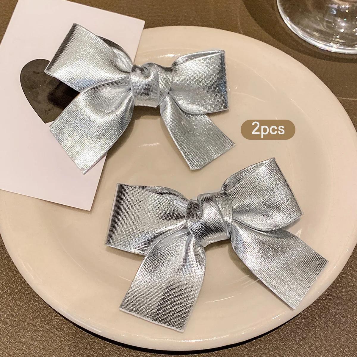 2 pinces à cheveux avec nœud argenté, accessoires pour cheveux de style doux et à la mode adaptés à 
