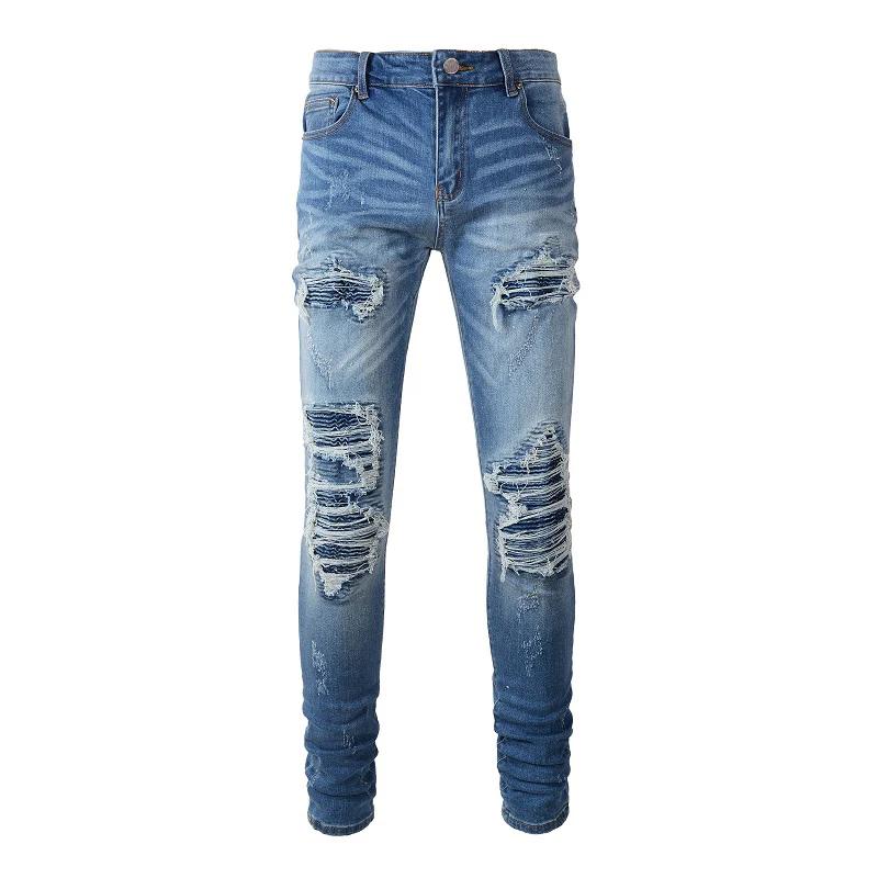 Jean de motard en Denim Stretch pour hommes, pantalon déchiré classique, bleu plissé, Patchwork, Str