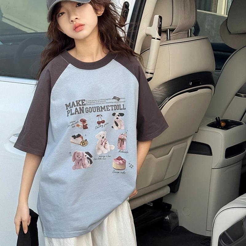 T-shirt à manches courtes pour filles, pour les grands enfants, manches raglan, pur coton, coupe amp