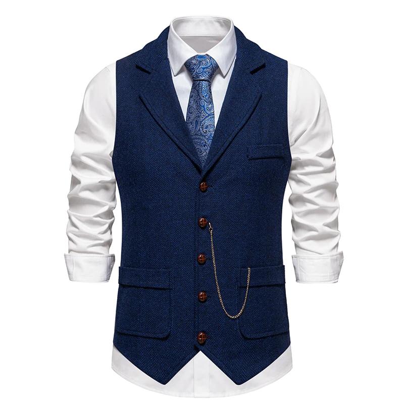 Gilet rétro à chaîne à revers pour hommes, mode chevrons, poches en Tweed grossier, gilet de costume
