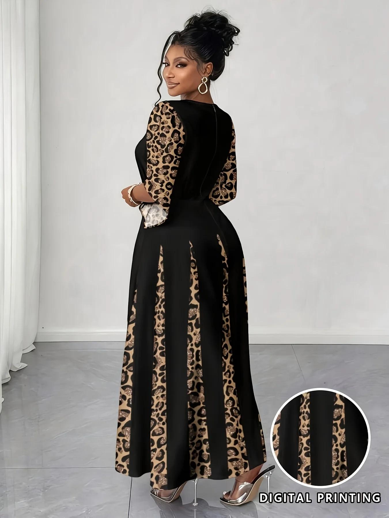 Robe maxi élégante à imprimé léopard, robe longue à manches longues tendance grande taille, vêtement