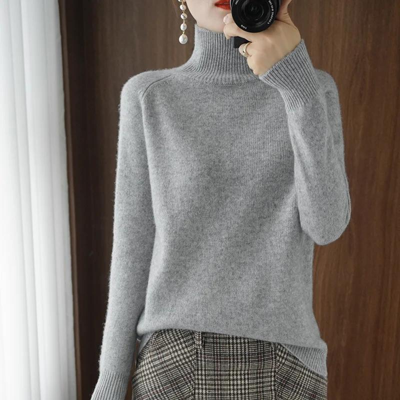 Automne hiver col montant laine mérinos pull basique décontracté pull en cachemire confort femmes ma