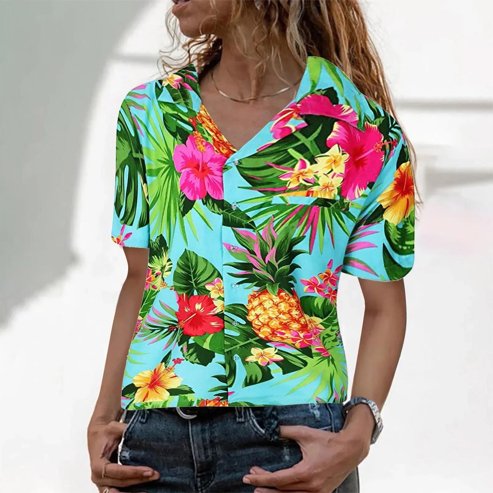 Funky femmes chemise hawaïenne poche frontale feuilles fleurs ananas imprimé femmes hauts et chemisi