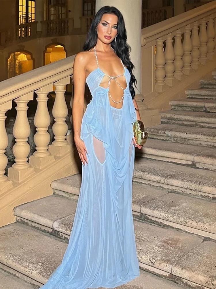Nibber Bal Robe De Soirée Femme Sexy Voir À Travers De Luxe Chaîne Halter Col Bas Dos Nu Sans Manche