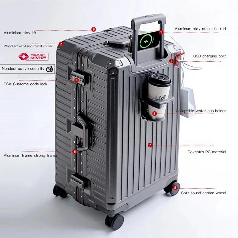 Valise de grande capacité 20/24/26/28/30 pouces, cadre en alliage d'aluminium avec roues pivotantes,