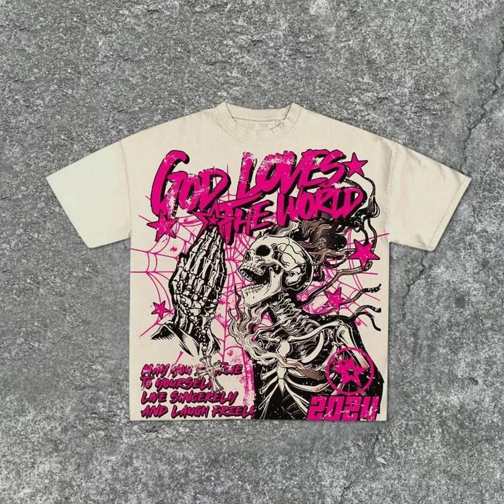 T-shirt col rond pour hommes, imprimé graffiti de crâne personnalisé, confortable et respirant, haut