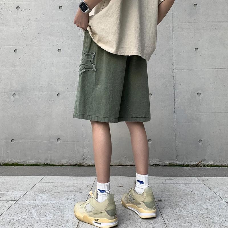 Short en denim patchwork étoile vintage pour hommes, pantalon court chic, all-match, Ulzzang Leisure
