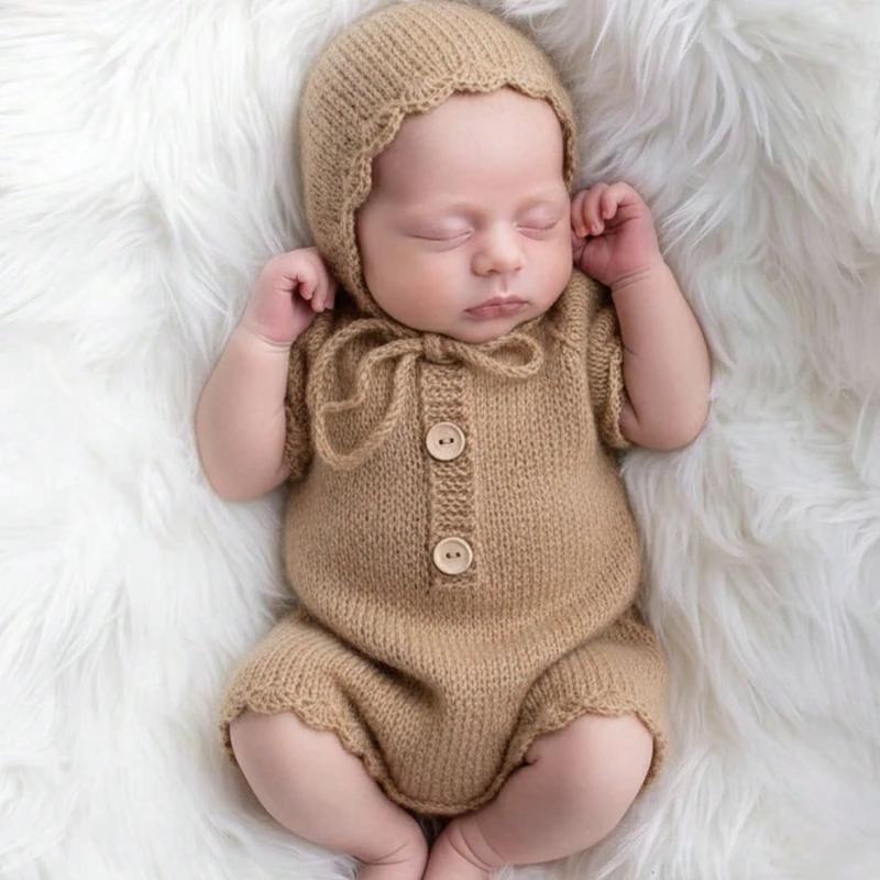 Barboteuse en Crochet faite à la main pour bébé, 2 pièces, avec chapeau, tenues de photographie pour