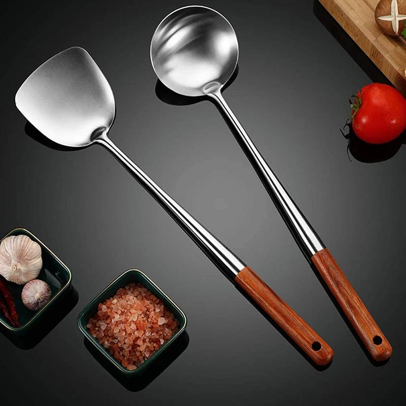 Spatule pour Wok en acier inoxydable, ensemble d'outils en fer et louche, 17 pouces, 2 pièces