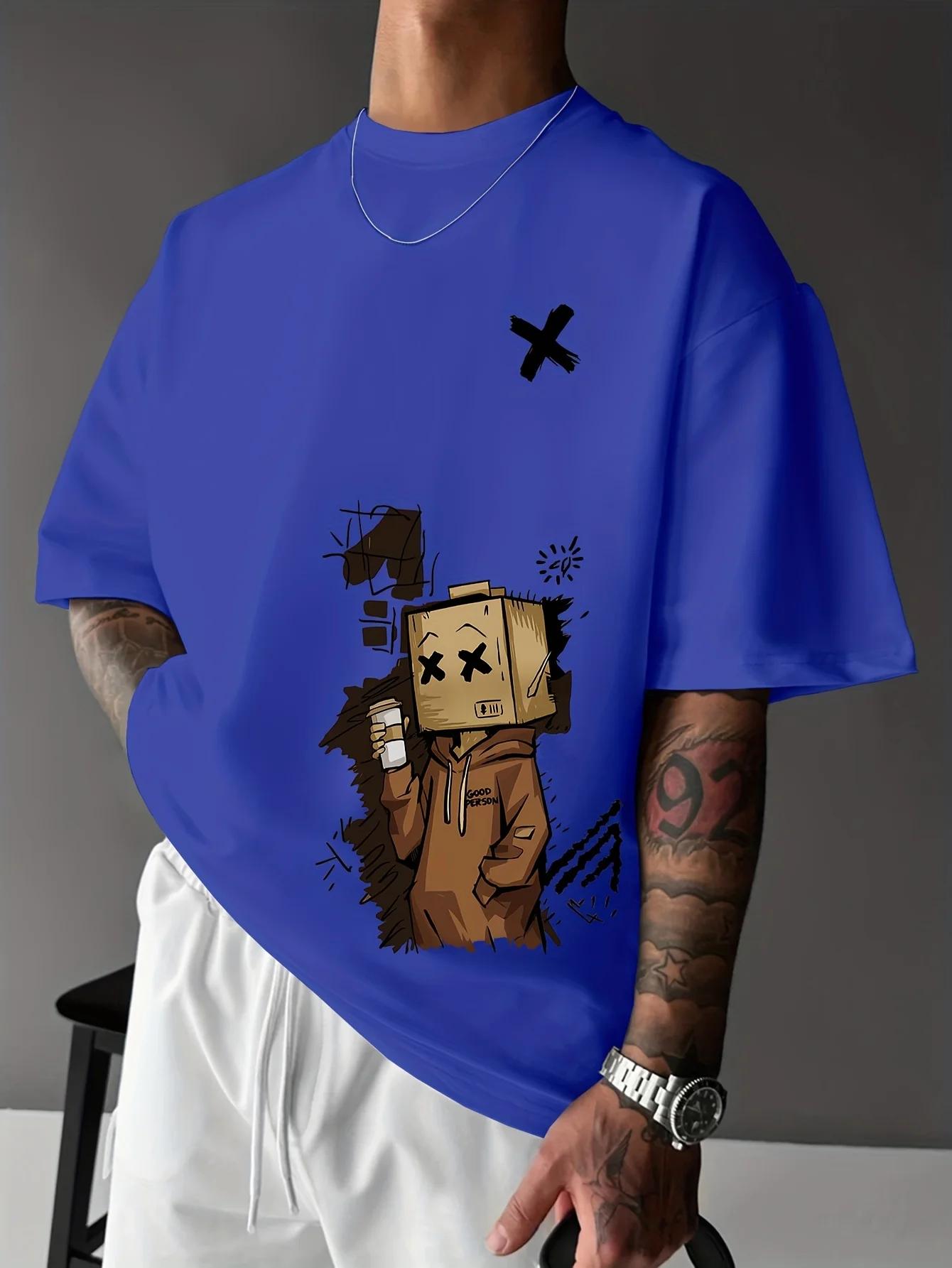 T-shirt col rond pour hommes, mode européenne et américaine, imprimé Graffiti de dessin animé, confo