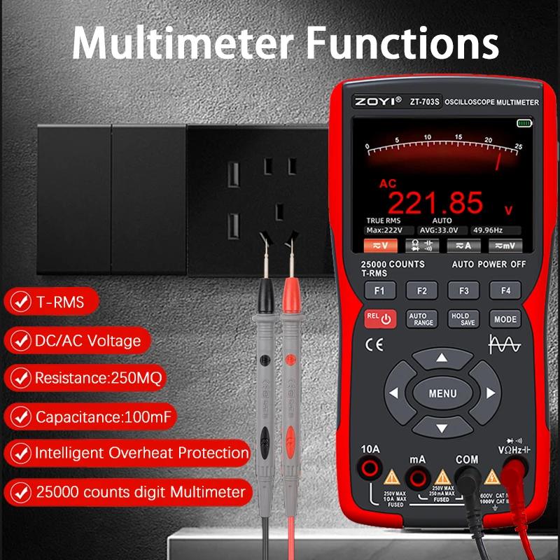 ZOYI ZT-703S multimètre oscilloscope 3 en 1 avec écran IPS de 3,5 pouces, 25000 points, bande passan