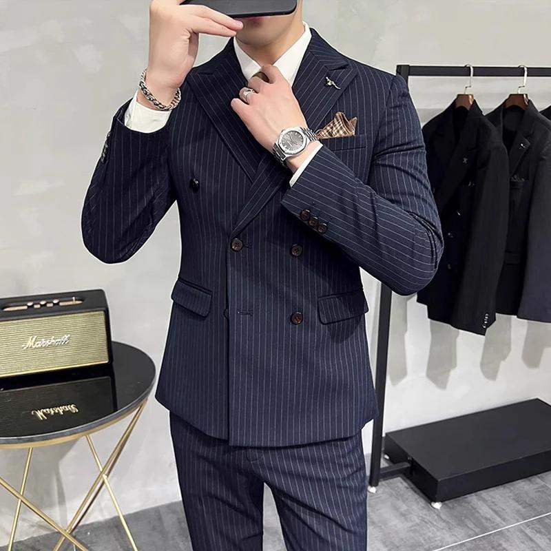 M-7XL ( Blazer + Pantalon) de luxe classique rayé hommes bureau officiel décontracté affaires double