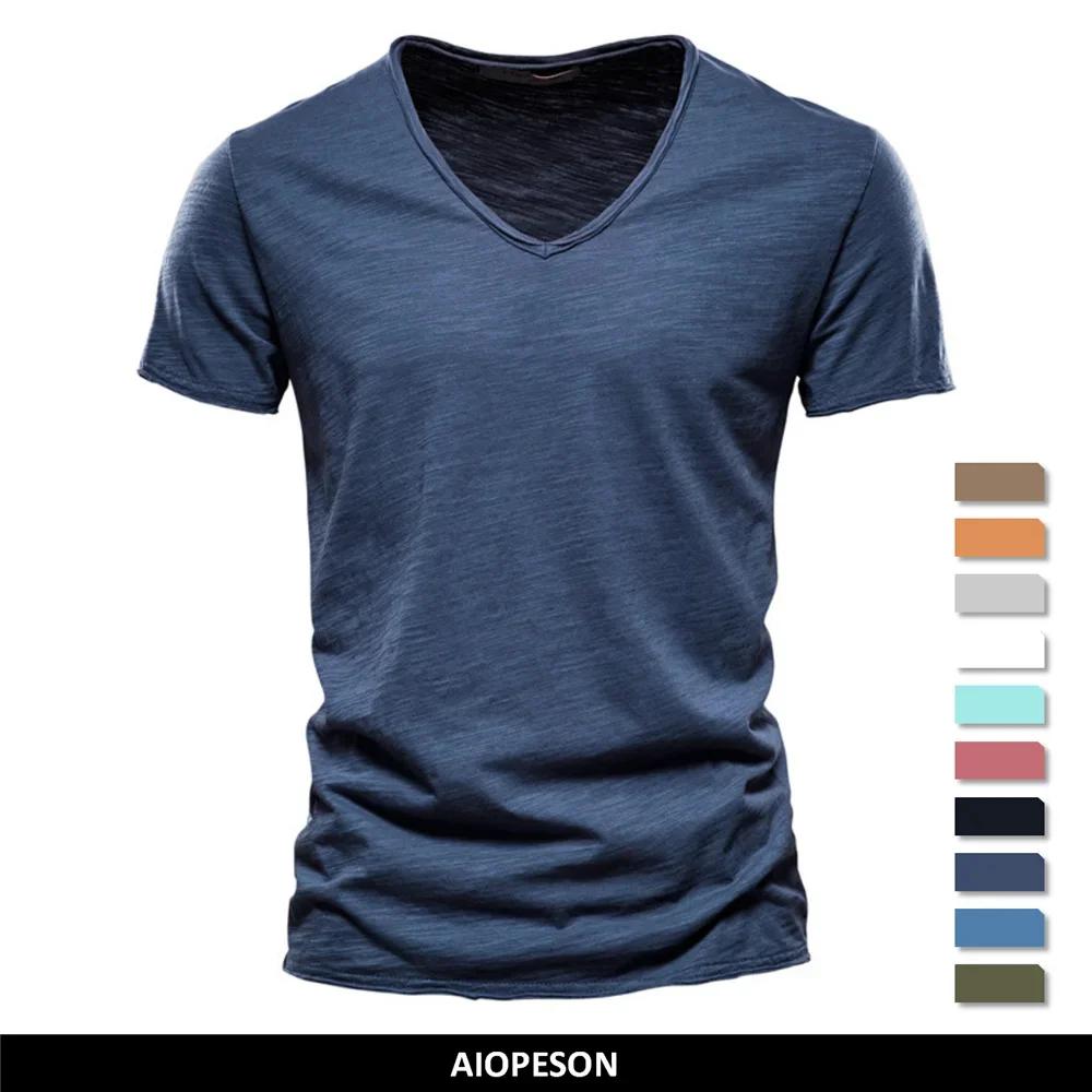 Marque qualité 100% coton hommes T-shirt col en v Design de mode coupe ajustée solide mâle hauts t-s