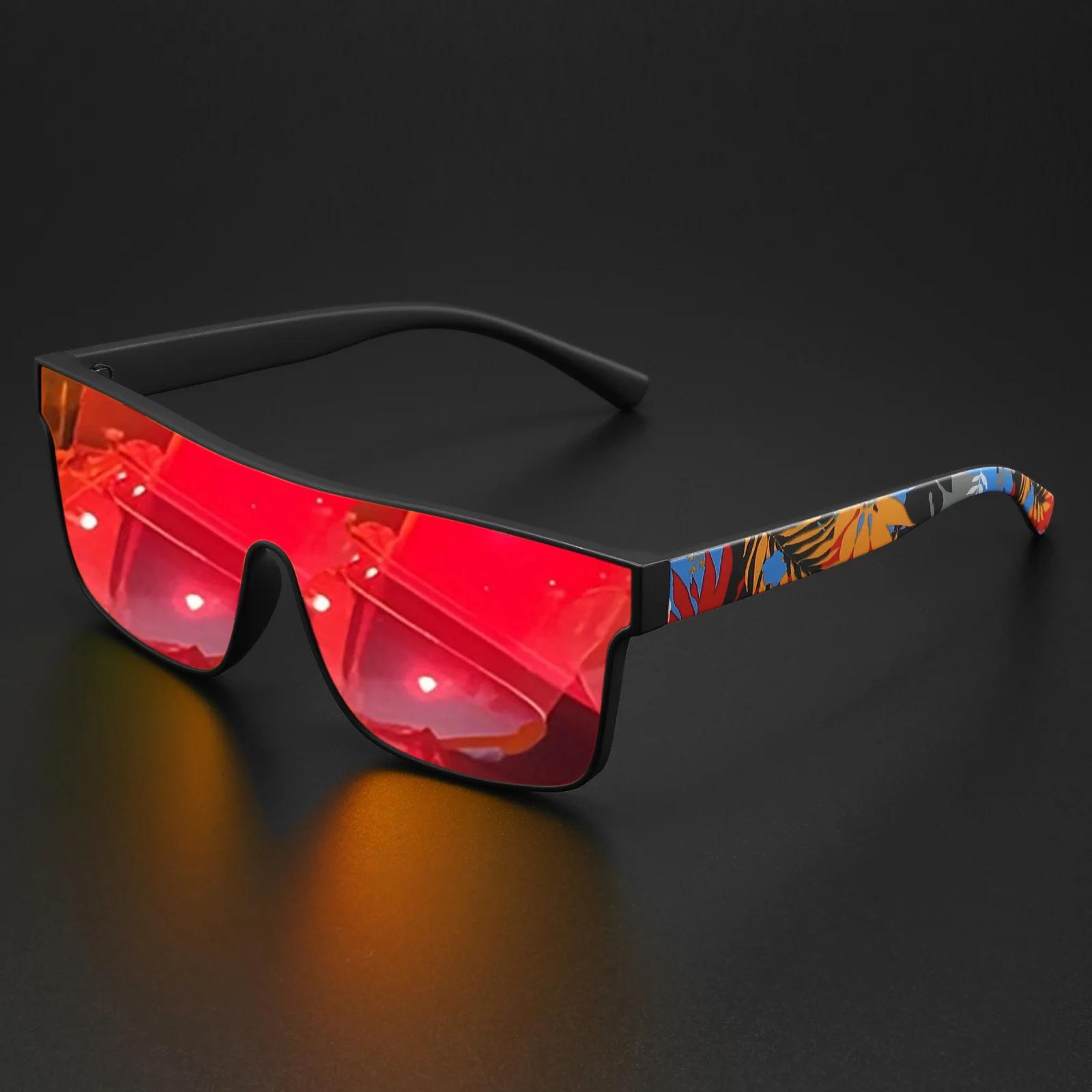 Lunettes de soleil de sport carrées colorées – Lentille une pièce avec branches à motifs, confort un