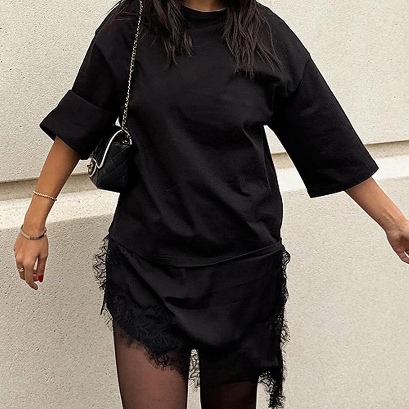 T-shirt en dentelle oversize HXAO pour femme, collection Printemps-Été 2026, style Y2K, blanc cassé,