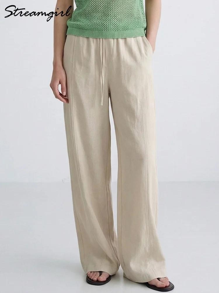 Pantalon d'été en coton pour femmes, coupe large, bleu, avec bande élastique, jambe droite, blanc, a