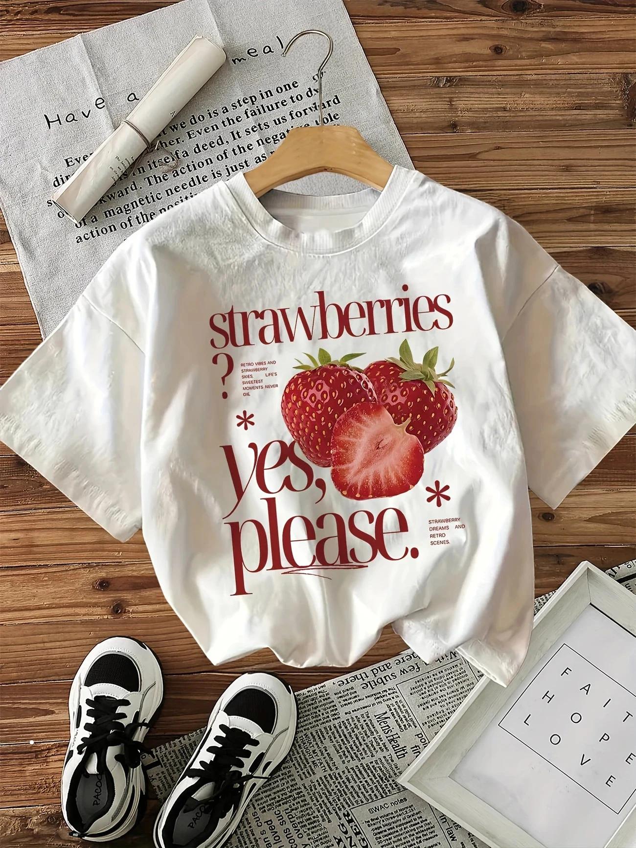 100% coton T-shirt fraise imprimé graphique femmes Vintage décontracté imprimé T-shirt col rond à ma
