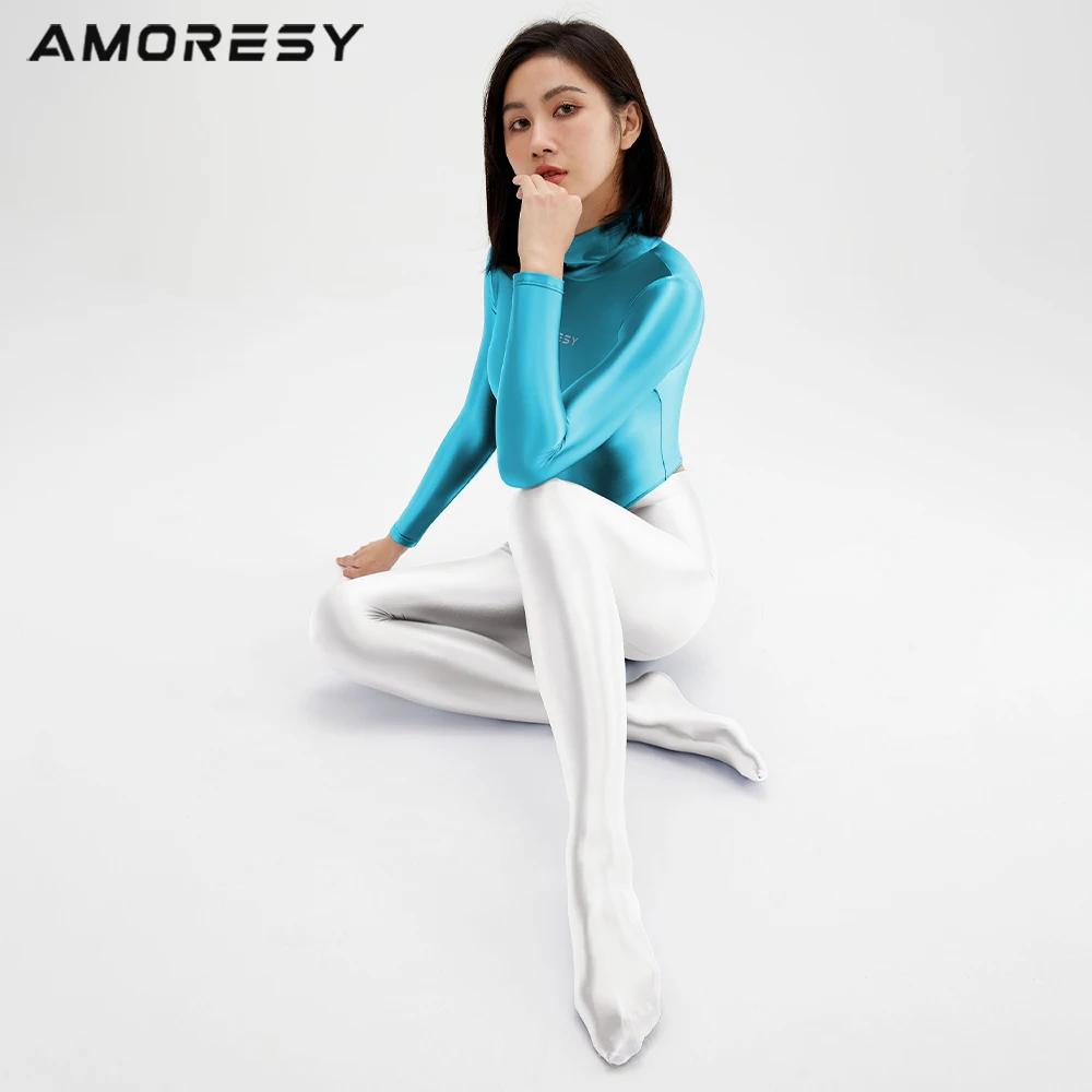 AMORESY femmes Sexy huile brillant une pièce maillot de bain collants à manches longues lisse col ha