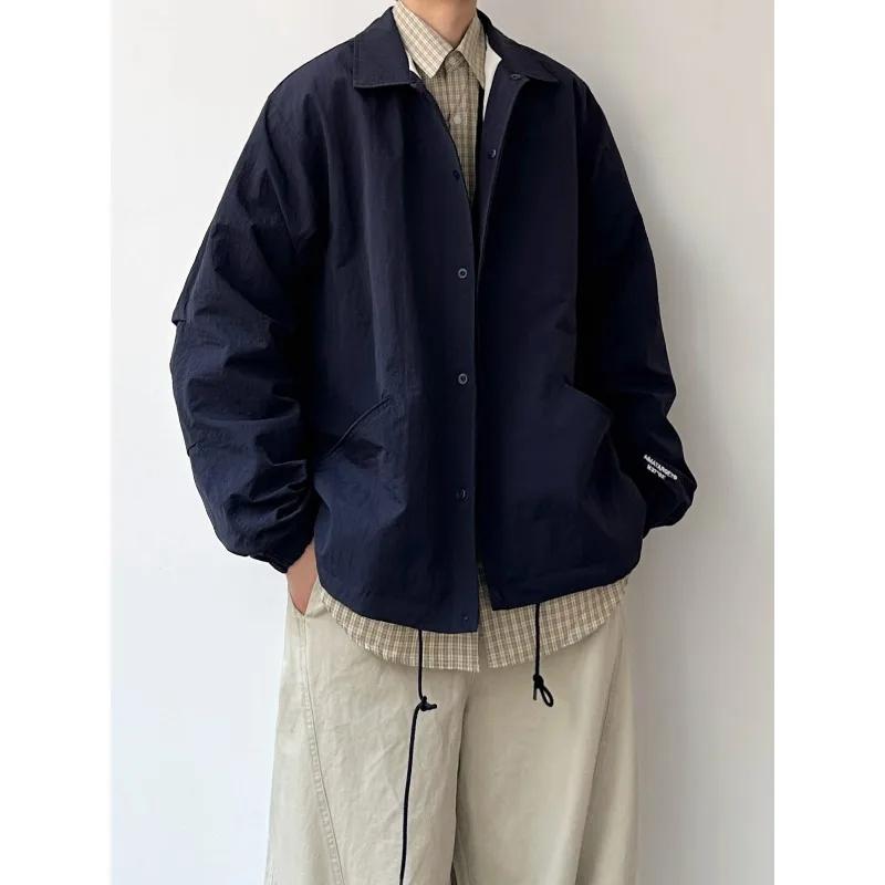 Veste Homme Printemps Automne Col Rabattu Manches Longues Fermeture Éclair Rétro Fine Ample Décontra