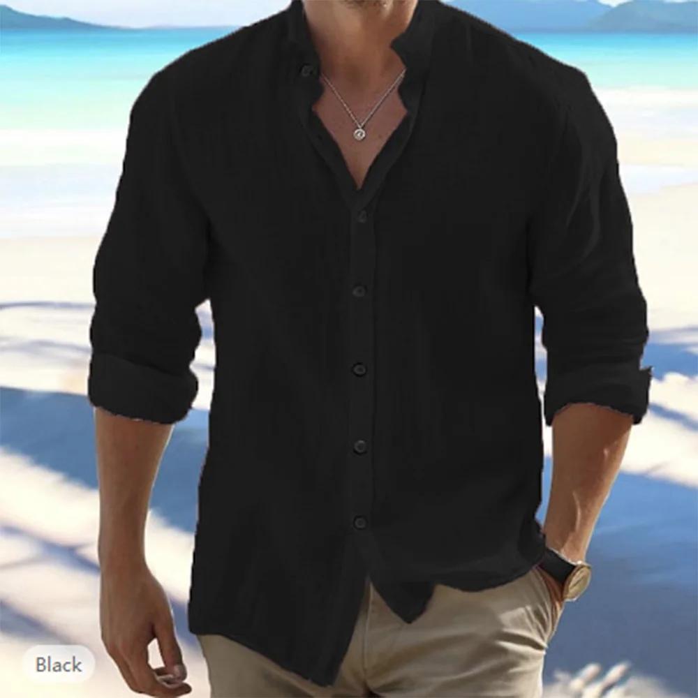 Chemises à manches longues pour hommes, en coton et lin, couleur unie, col montant, décontracté, Sty