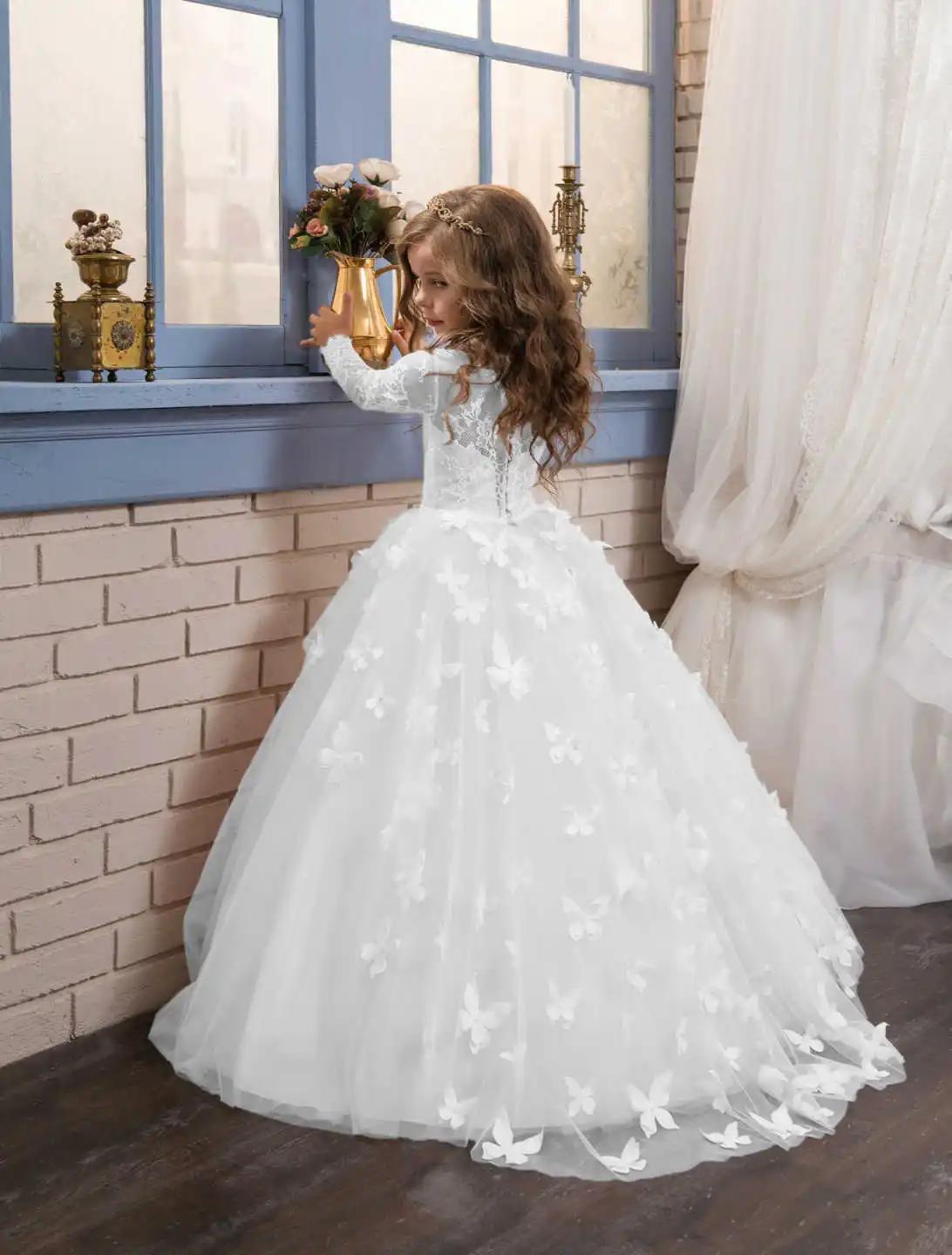 Robe de mariée élégante et ravissante pour fille de fleur, robe de bal en dentelle à manches longues