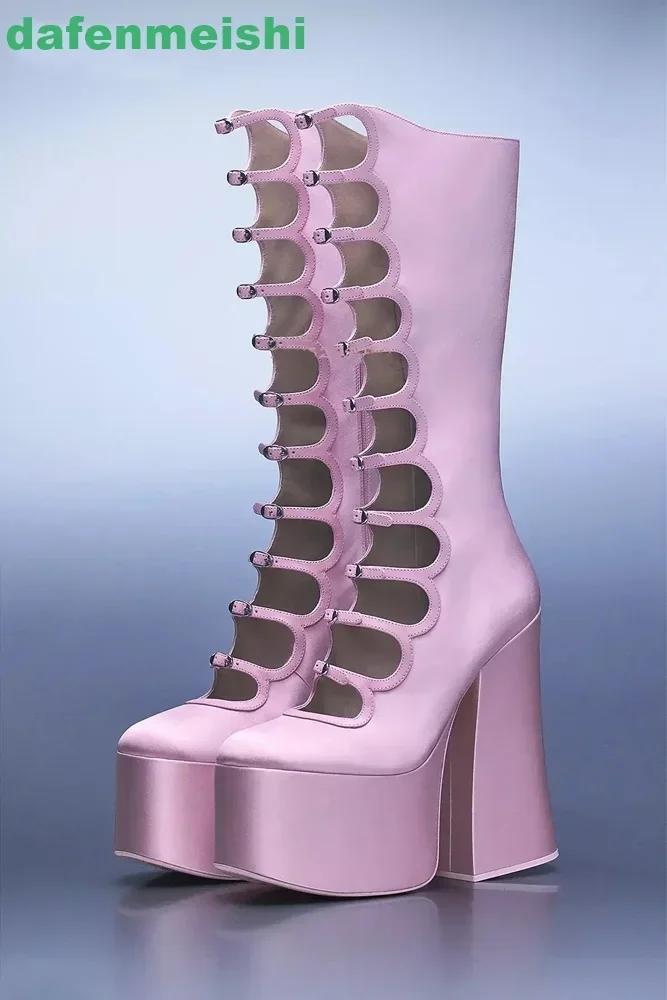 Bottes creuses mi-mollet pour femmes, chaussures à plateforme, fermeture éclair, talon carré, sangle
