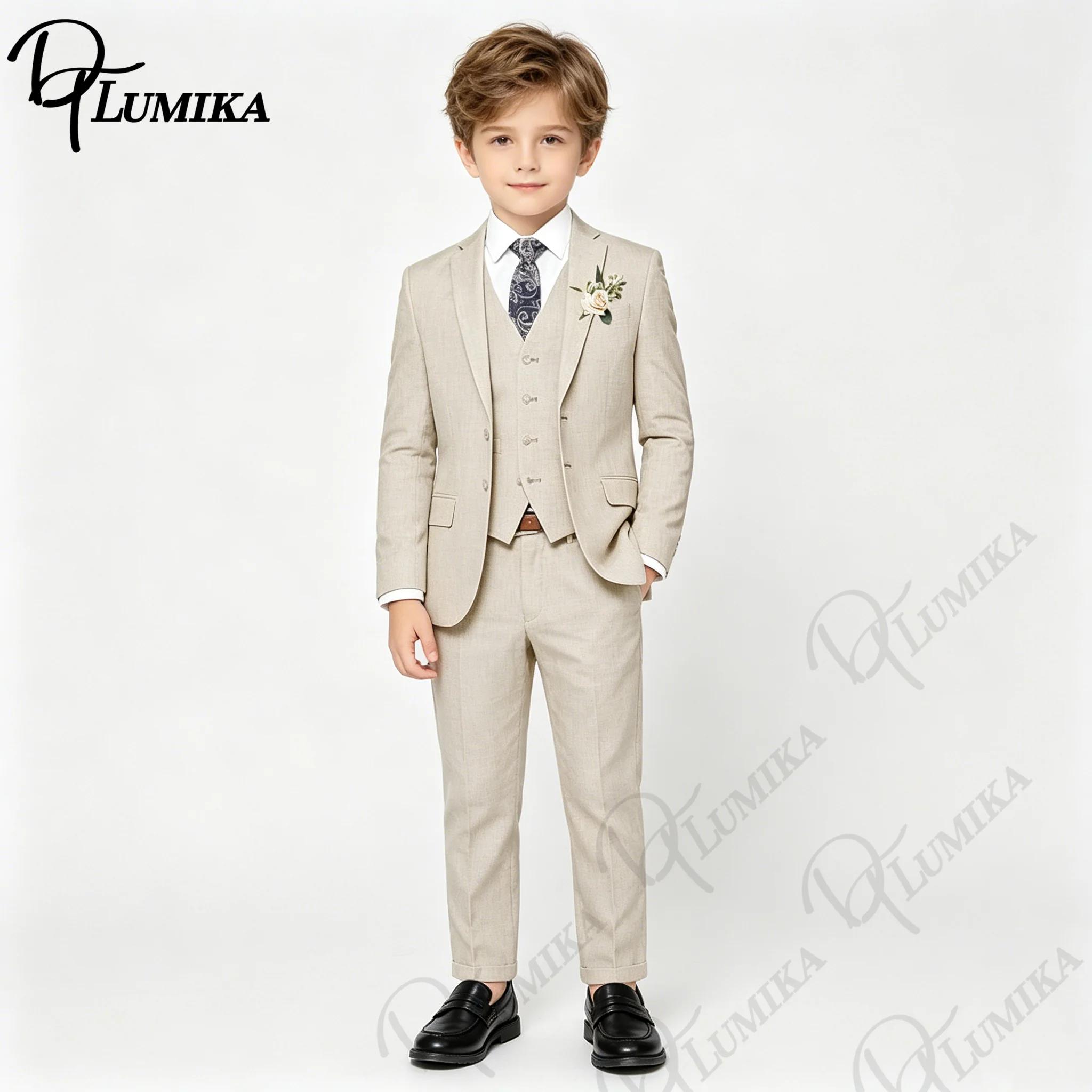 Costume en lin beige pour garçons, 4 pièces, avec cravate florale, ensemble formel pour enfants, mar