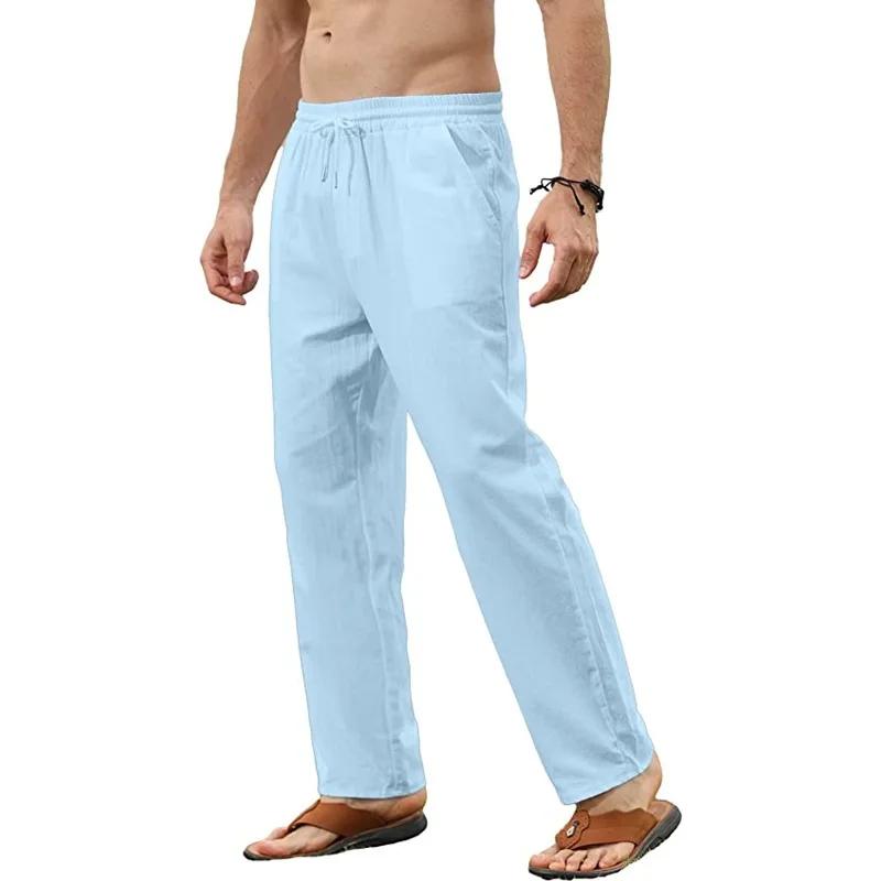 Pantalon en coton et lin pour hommes, ample, décontracté, respirant, couleur unie, cordon de serrage