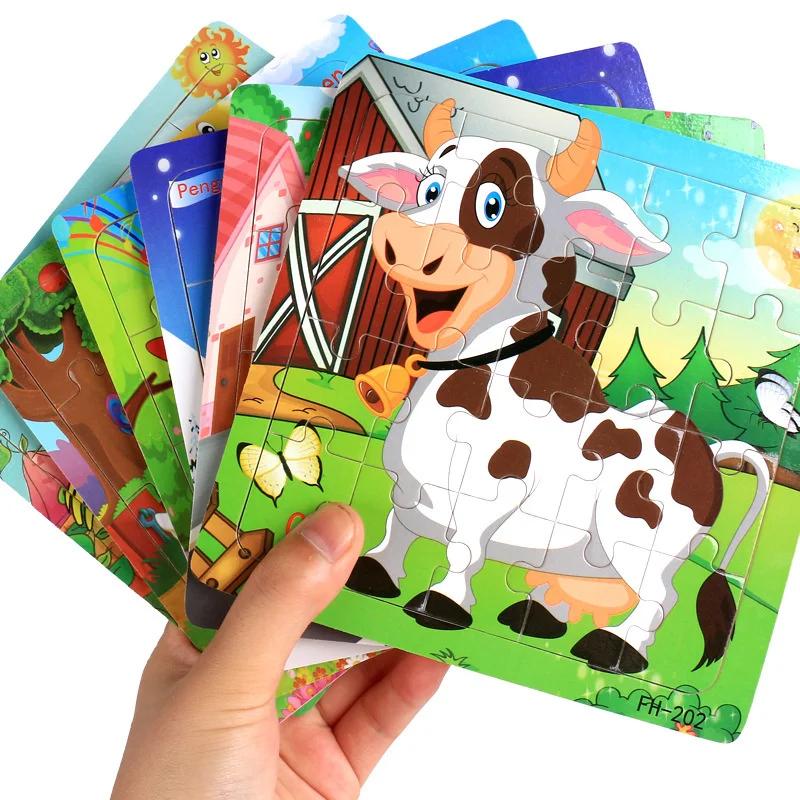 Nouveau puzzle en bois 3D de 20 pièces, animaux de dessin animé et véhicules, jouets éducatifs Monte