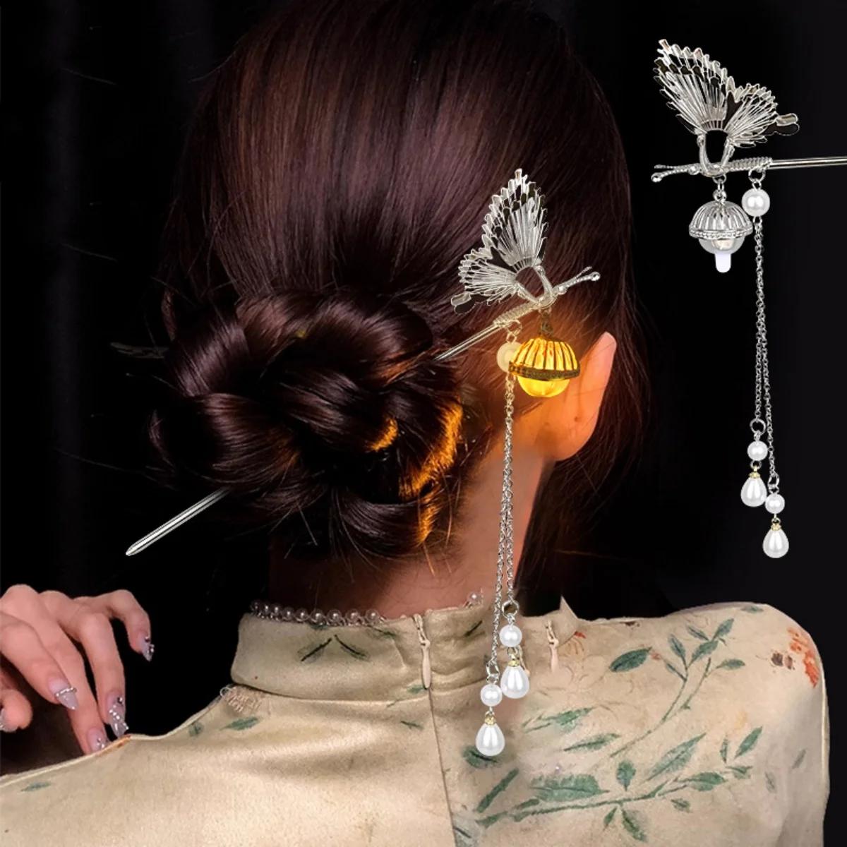 Épingle à cheveux à fleurs lumineuses pour femmes, lanterne créative en forme de Lotus, bâton à pomp