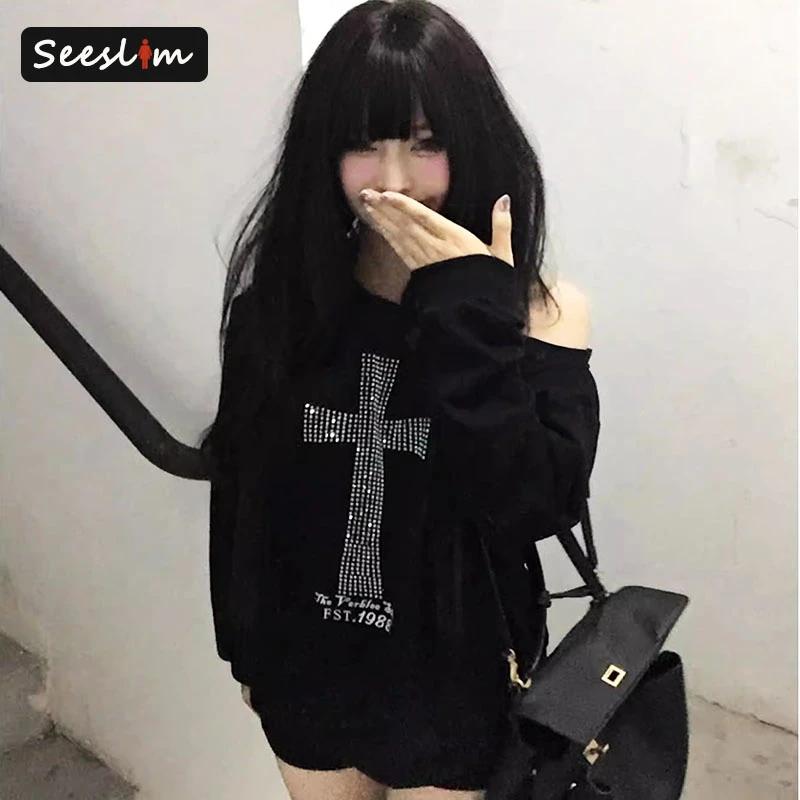 Sweat-shirt à capuche noir à manches longues pour femme, vêtement Harajuku Grunge des années 2000, a