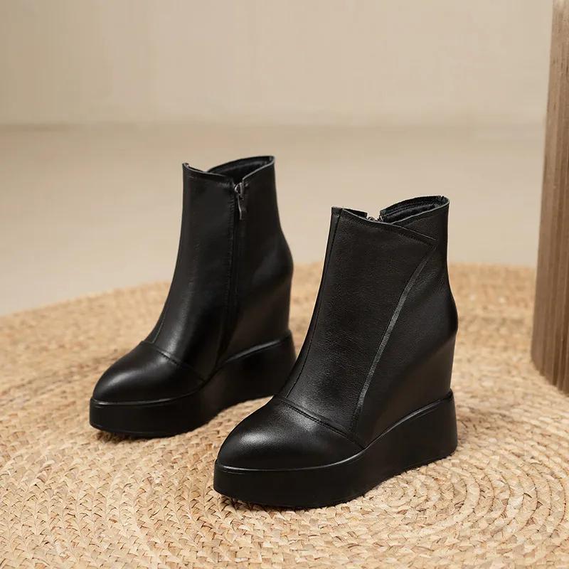 MKKBathroom-Bottes courtes en cuir pour femmes, bottes compensées pointues, bottes de rinçage décont