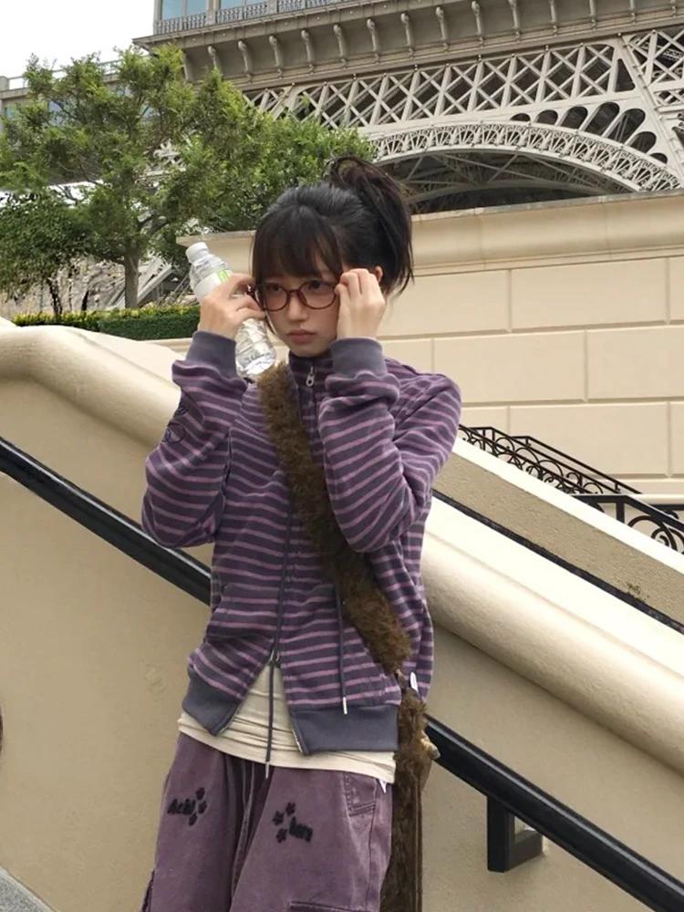 Tonngirls Y2k sweats japonais femmes à manches longues rayé col montant sweat haute rue graphique ma