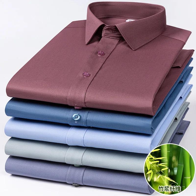 Chemise extensible en Fiber de bambou pour hommes, manches longues, Anti-rides, sans repassage, Slim