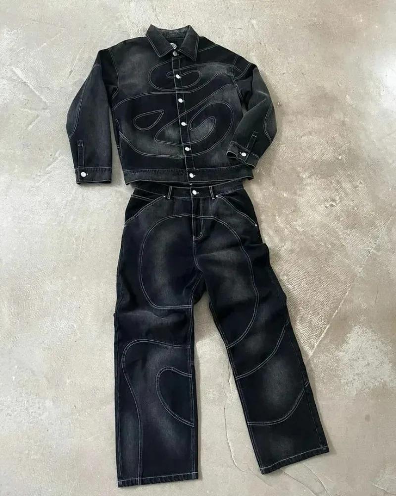 Patch Jeans Veste brodée à rayures rétro Ensemble deux pièces Costume Y2k pour hommes Harajuku hipho