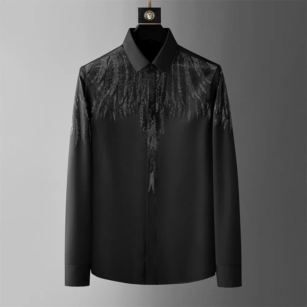 Chemise de luxe à manches longues pour hommes, avec strass, chemises décontractées, pour Banquet, fê