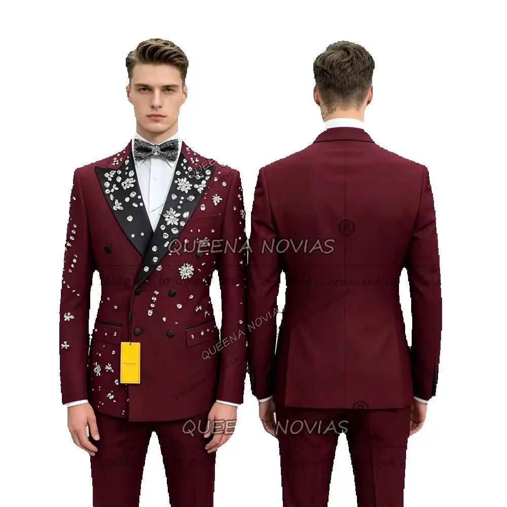 Costume de luxe bordeaux pour homme pour mariage, orné de pierres de joaillerie Black Label, blazer 