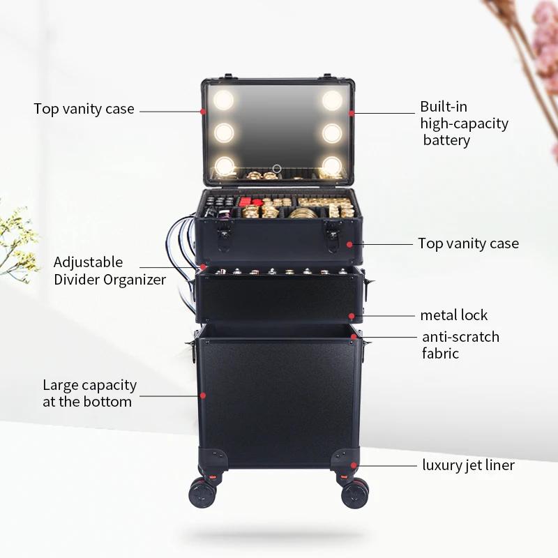 Organisateur de maquillage avec lumières LED mrirror-grand chariot à cosmétiques, trousse de salon e