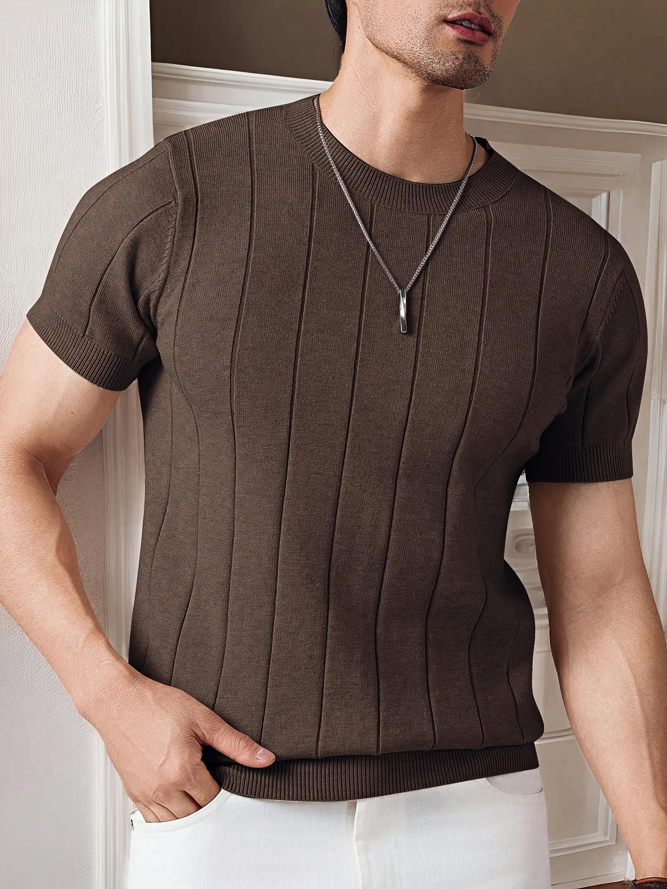 T-shirt tricoté slim pour homme, col rond, couleur unie, manches courtes, décontracté, business, ten