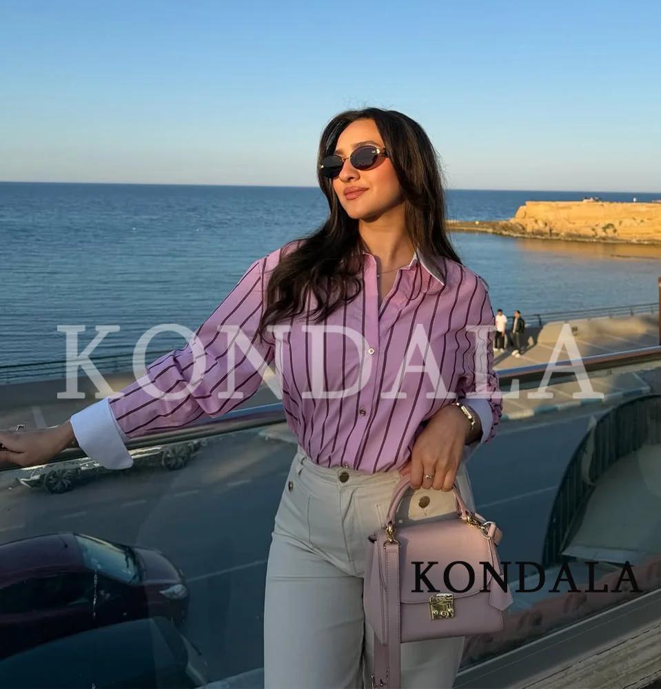 Chemises décontractées à rayures roses KONDALA pour femmes, chemises tendance à boutons et revers po