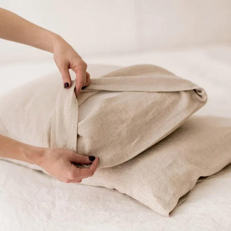 Housse de coussin en lin pur 100% naturel, couleur unie, coque européenne pour lit, enveloppe de tai