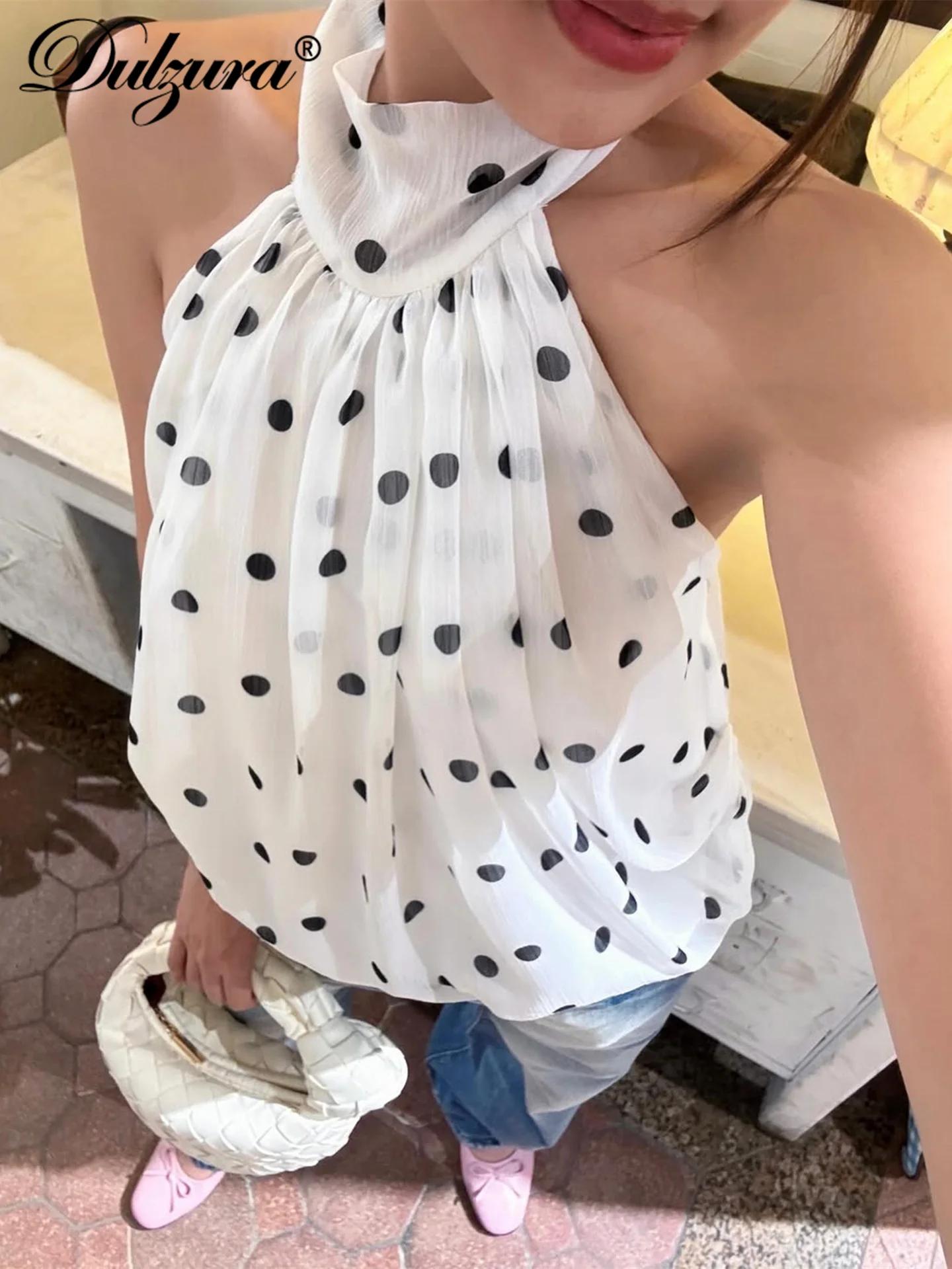 Dulzura Licou Sans Manches Dos Nu Mince À Lacets À Pois Imprimé Haut En Mousseline De Soie Sexy Élég
