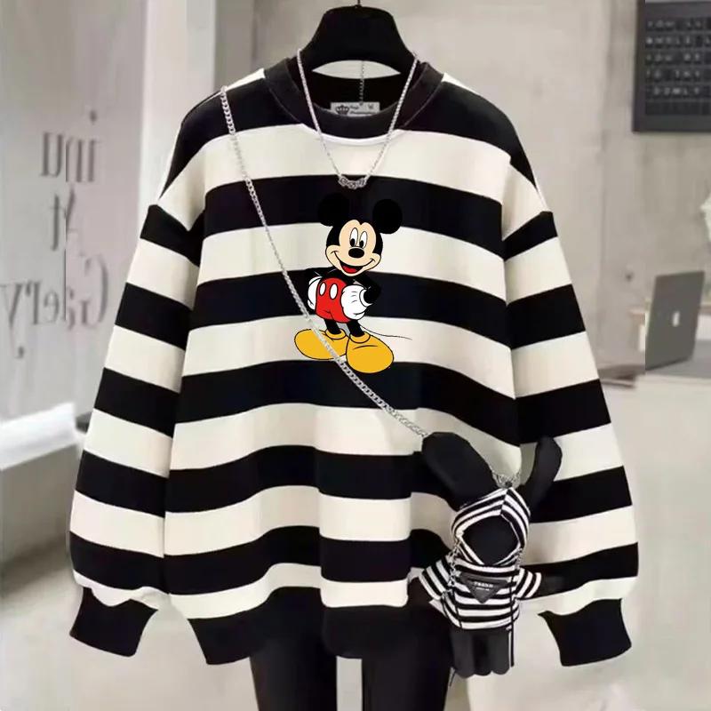 Nouvelle Arrivée Mode Automne Coton Ample Rayé Col Rond Ins Couple Décontracté Dessin Animé Mickey M