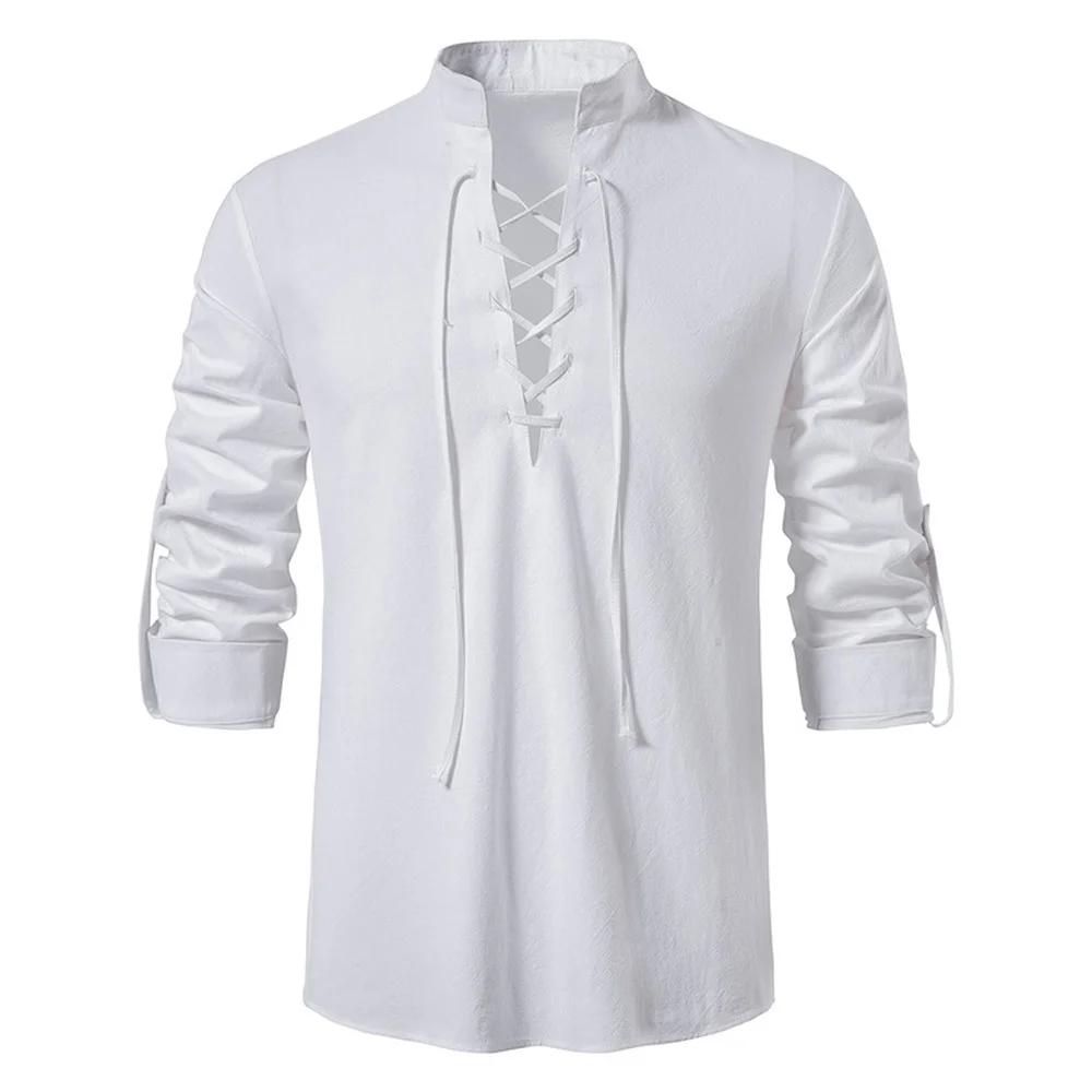 Nouveaux hommes blouse décontractée coton lin chemise hauts à manches longues t-shirt printemps auto