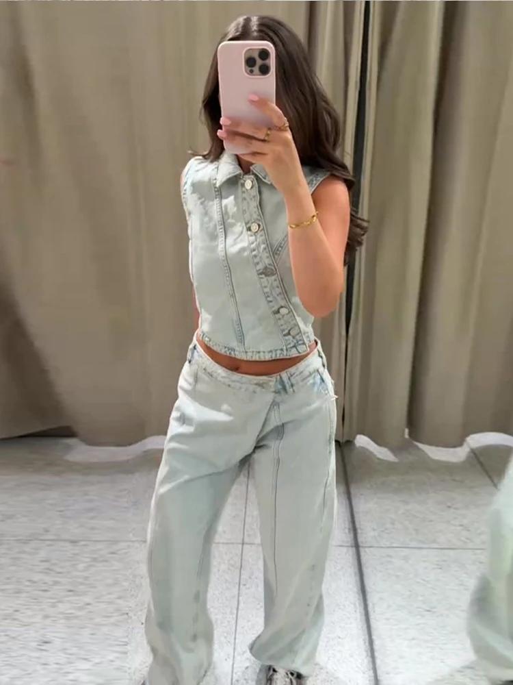 Nouvel ensemble 2026 : Gilet en jean et pantalon pour femme – Veste ajustée sans manches à revers et