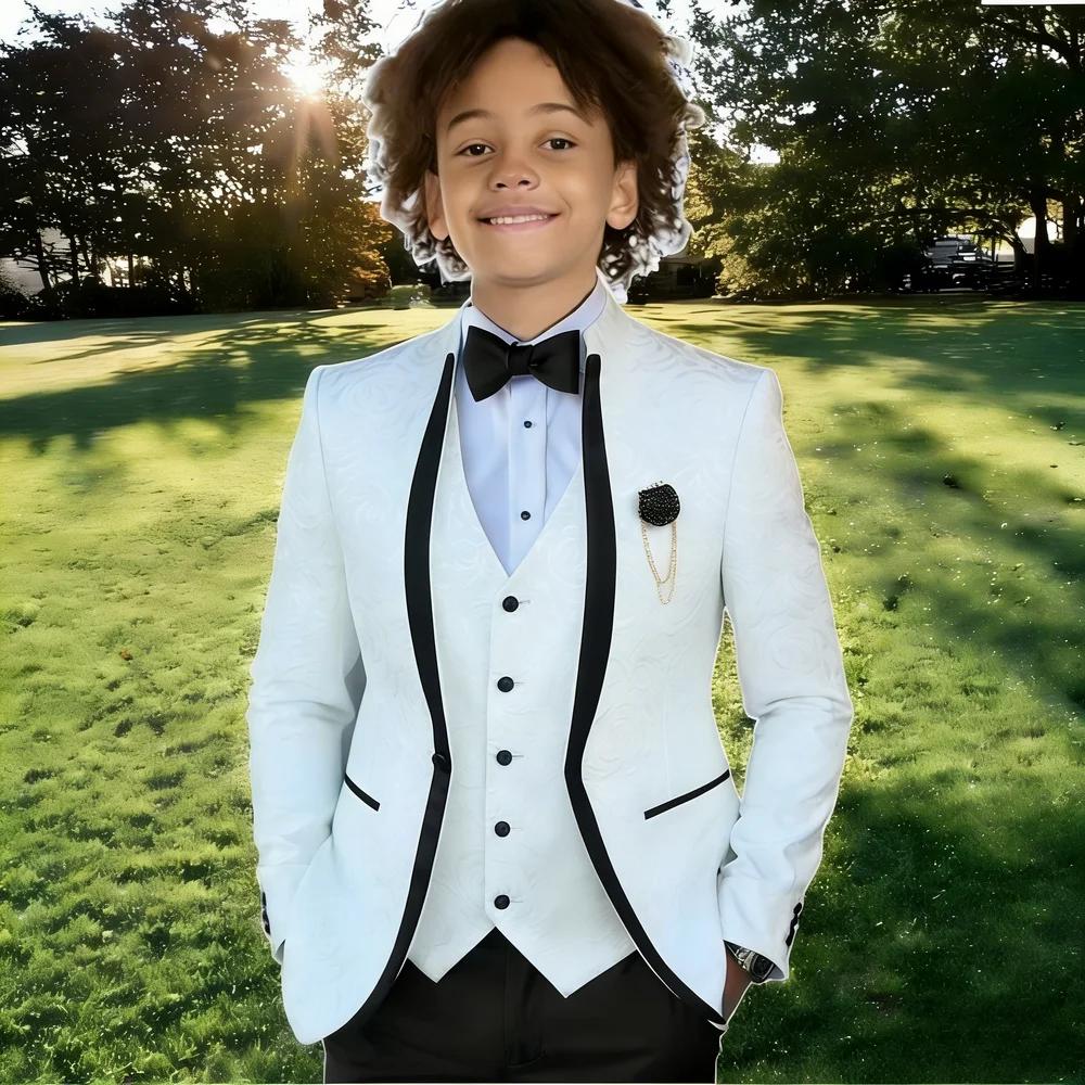 Costume Jacquard Blanc pour Garçon, Tenue de Cérémonie pour Mariage, Smoking à Col Montant, Vêtement
