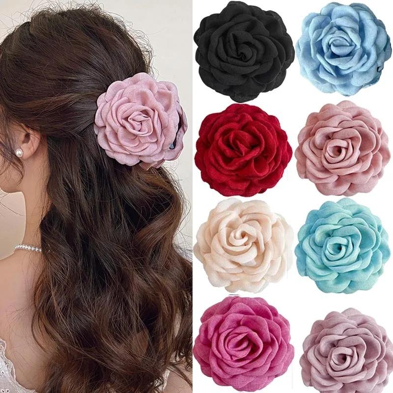 Pince à cheveux française romantique en forme de fleur de Rose pour femmes, grande pince à requin él
