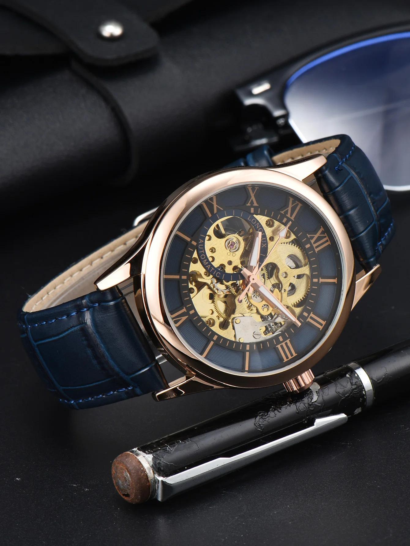 Montre automatique de luxe pour hommes, montres mécaniques rome, squelette étanche, cuir noctilucent